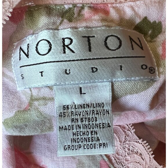 Vintage 90's Norton Studio Linen & Lace Blouse Sz Large Womens Pink Floral Tank - Picture 3 of 8